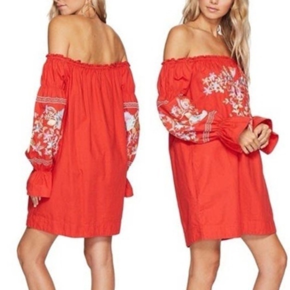 Free People Fleur Du Jour Floral Embroidered Red Off-Shoulder Mini Dress - Picture 16 of 16